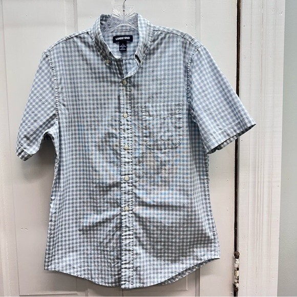 Lands' End traditonal fit short sleeve button down shirt men's small 14 14.5 - Picture 1 of 4